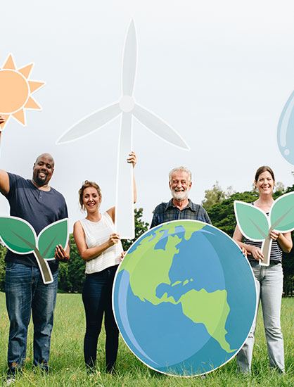 Cheerful people with energy conservation icons